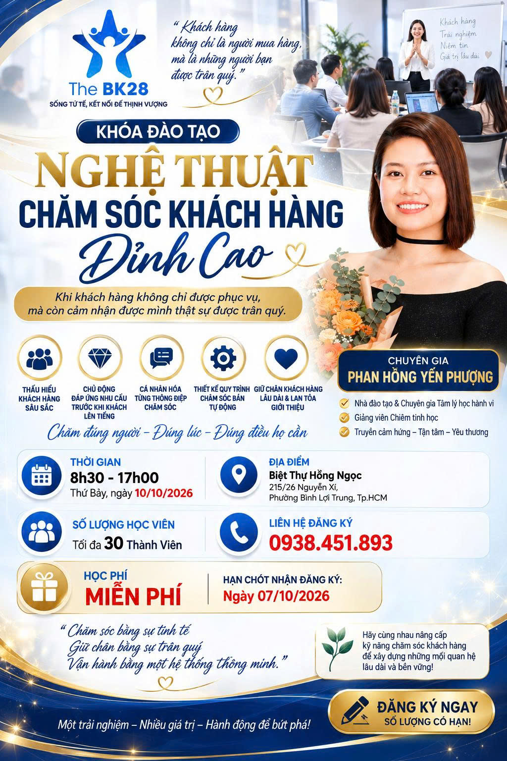 Poster khóa đào tạo Nghệ Thuật Chăm Sóc Khách Hàng Đỉnh Cao cùng chuyên gia Phan Hồng Yến Phượng, tổ chức ngày 10/10/2026 tại Biệt Thự Hồng Ngọc