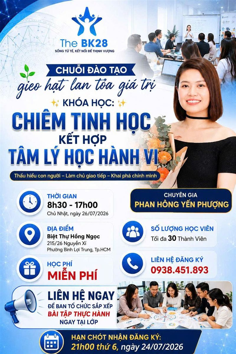 Poster chương trình Chiêm Tinh Học kết hợp Tâm Lý Học Hành Vi, tổ chức 26/07/2026