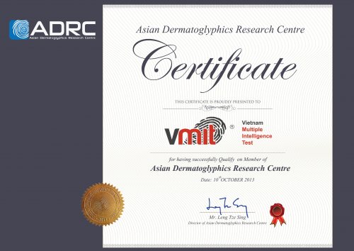 Chứng nhận từ ADRC - Asian Dermatoglyphics Research Centre dành cho VMIT