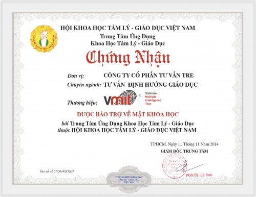 Chứng nhận hội viên Hội Khoa Học Tâm Lý - Giáo Dục Việt Nam cho thương hiệu VMIT