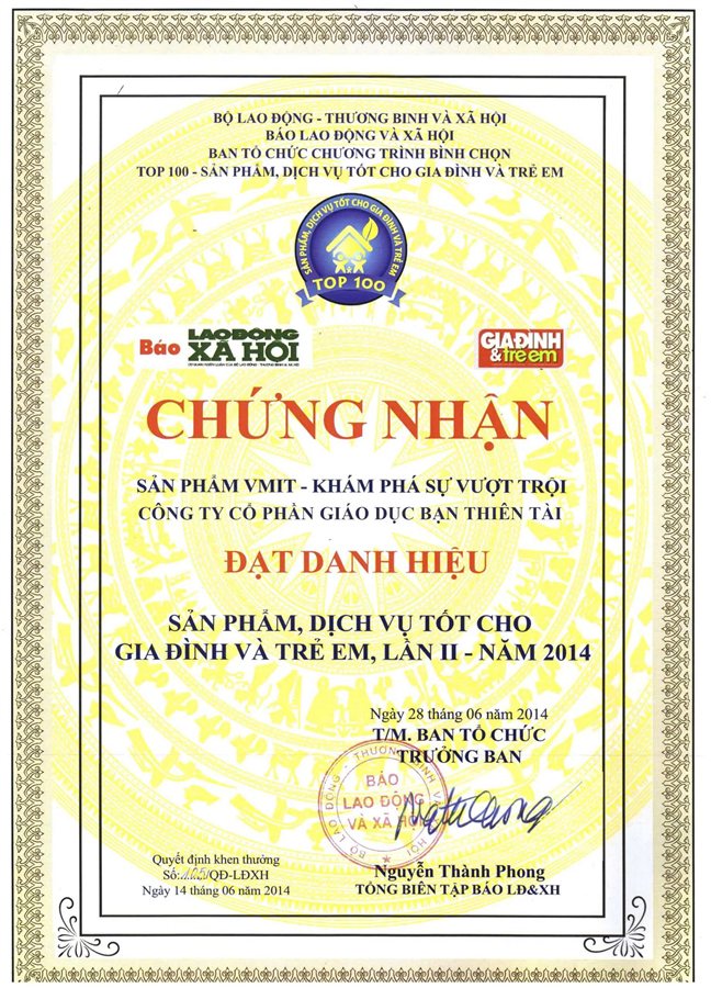 Chứng nhận Top 100 Sản phẩm, Dịch vụ tốt cho Gia đình và Trẻ em dành cho sản phẩm VMIT