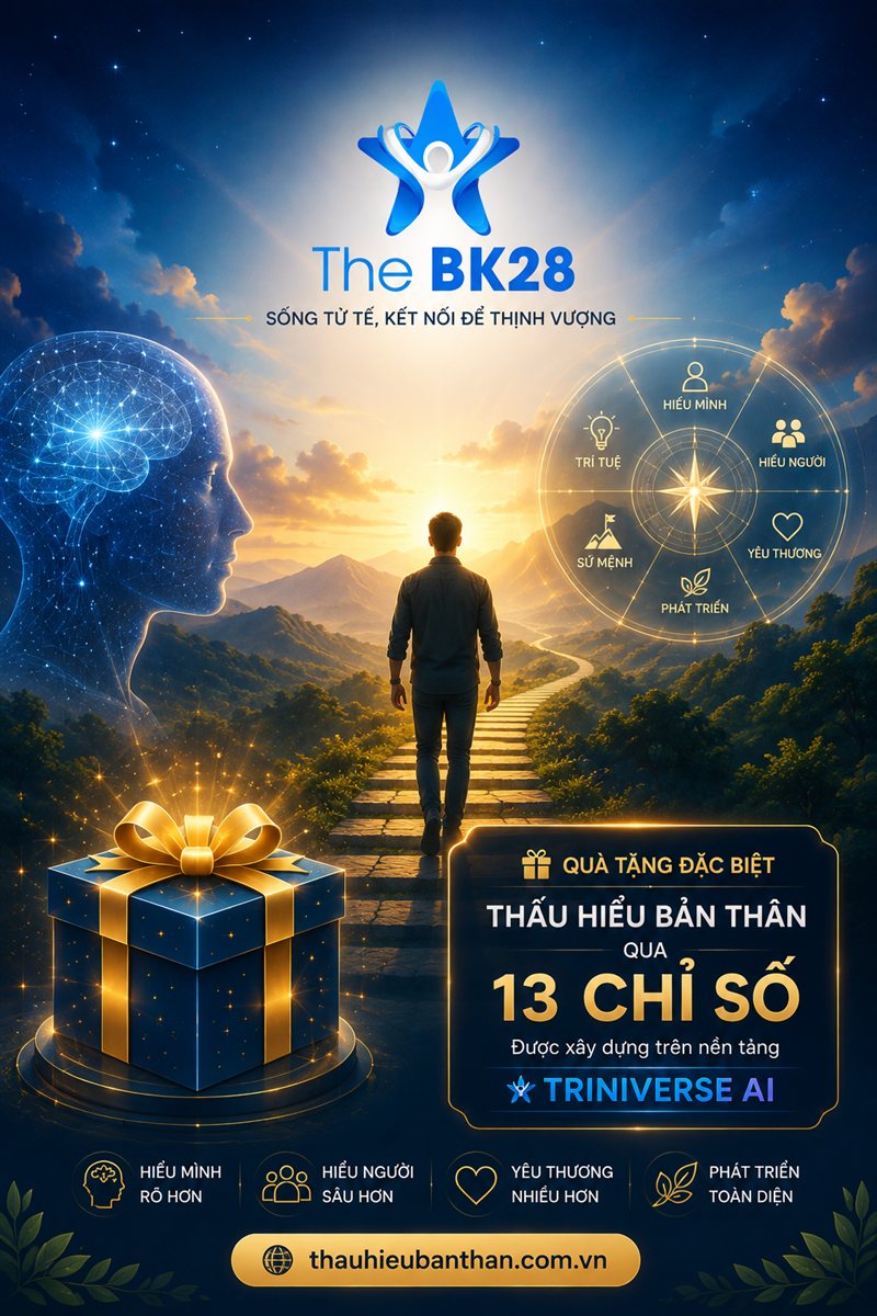 Hành trình Thấu Hiểu Bản Thân từ The BK28: một người bước trên con đường núi lúc bình minh, hướng tới bánh xe 6 giá trị Hiểu Mình, Trí Tuệ, Sứ Mệnh, Phát Triển, Yêu Thương, Hiểu Người — cùng quà tặng đặc biệt Thấu Hiểu Bản Thân qua 13 Chỉ Số, xây dựng trên nền tảng Triniverse AI